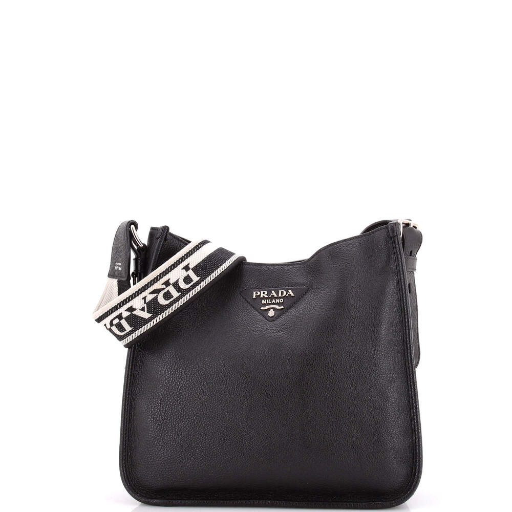 Prada Logo Strap Hobo Leather Medium #236991P24B - Picture 1 of 7